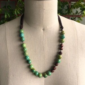 Brown Suede Necklace with Wood and Ceramic Beads.